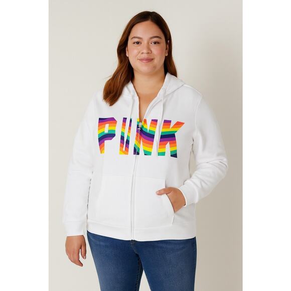 Victoria Secret PINK Hoodie Rainbow Logo XL White New Jacket - Picture 1 of 11